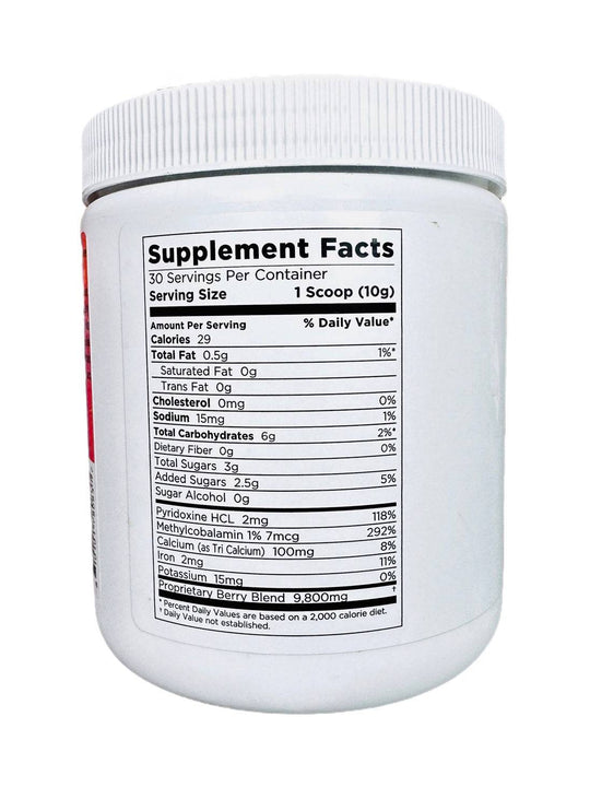 A canister of No Label Nutrition High Potency Antioxidant Blend drink supplement facts label